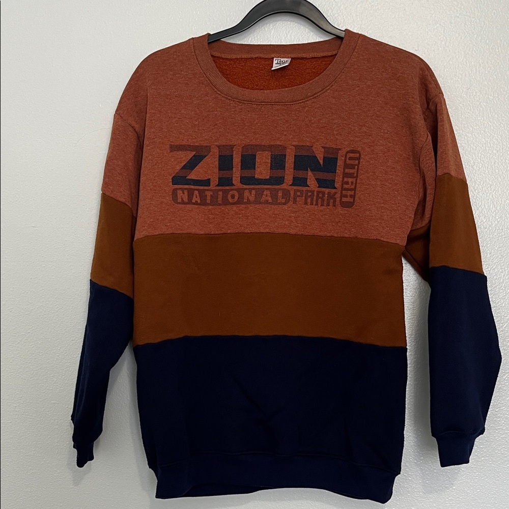 Zion National Park Colorblock Crew Neck Sweater - Rust, Brown, and Navy